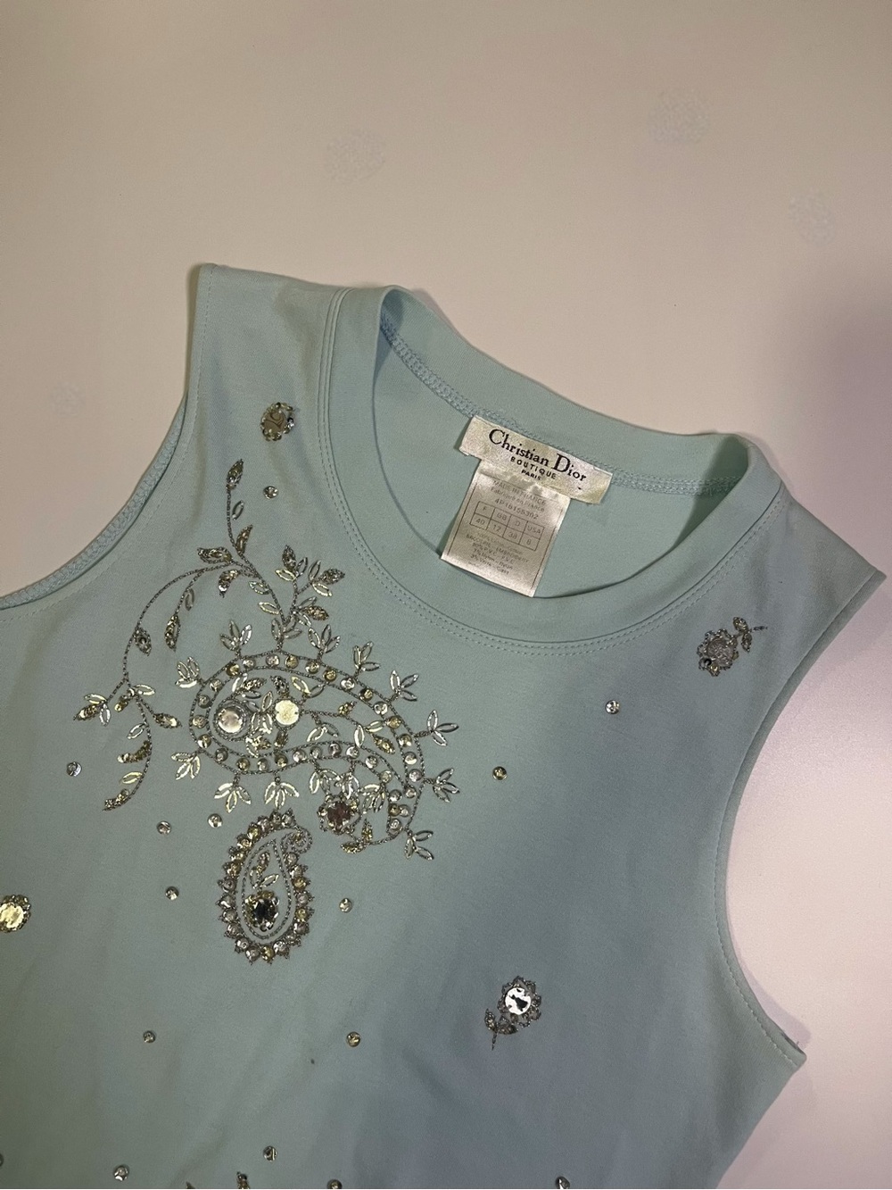 vintage christian dior teal blue embroidered beaded paisley tank - Picture 2 of 6
